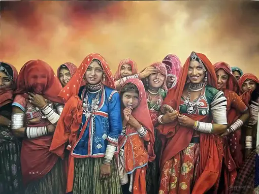 Kalbelia Beauties, Oil Painting, Realistic, Home decor, Wall decor, Artwork, Handpainted, Art, Painting, VistaPallette
